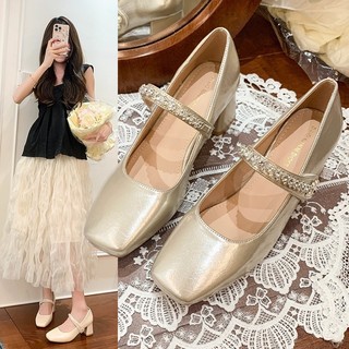 2026 novo estilo moda francesa cinta de uma palavra strass Mary Jane sapatos de salto grosso feminino boca rasa elegante