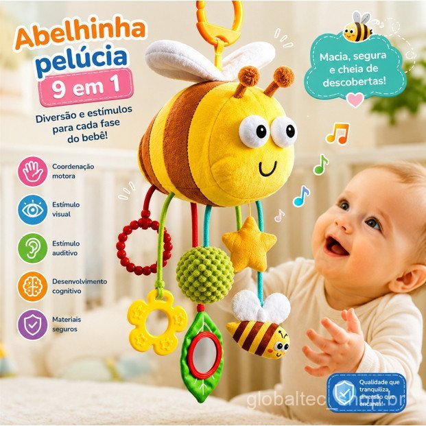 Mobile Abelhinha Pelúcia 9 em 1 com Chocalho Mordedor Espelho - Brinquedo Sensorial Crianças e Bebês