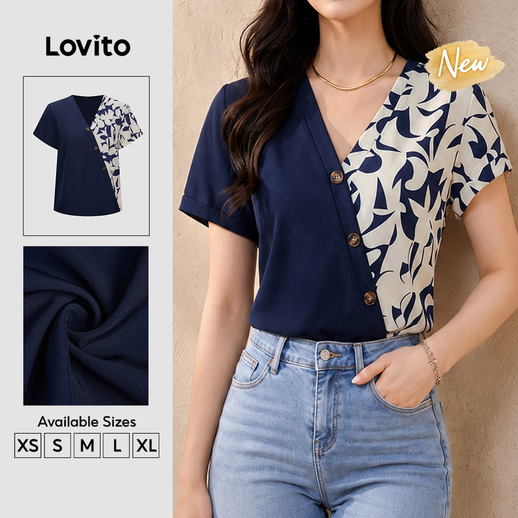(New Arrival) Lovito Elegante Blusa Manga Curta Gola V Azul Escuro Estampa Tribal Botão Contraste Assimétrico Primavera Verão Trabalho Para Mulheres BLB204P1D422