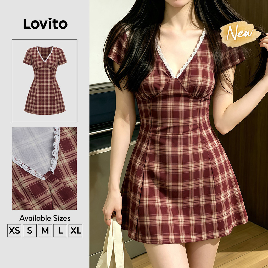 (New Arrival) Lovito Casual Vestido Curto Evase Vermelho Xadrez Renda Babado Gola Primavera Verão Fim De Semana Para Mulheres Bordado DRB204P1D162