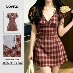 (New Arrival) Lovito Casual Vestido Curto Evase Vermelho Xadrez Renda Babado Gola Primavera Verão Fim De Semana Para Mulheres Bordado DRB204P1D162