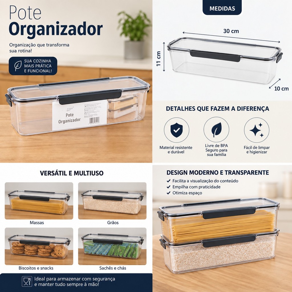 Kit Potes Organizadores para Geladeira Armário  Despensa  Acrílico com Tampa Hermética e Trava