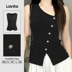 Lovito Casual Top Feminino com Botão Assimétrico Frente Dividida Primavera/verão preto L195ED037