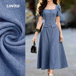 Lovito Vestido Verde de Feminino com Linha de Estrutura Elegante Bolso Falso e Botões frontais L199ED266