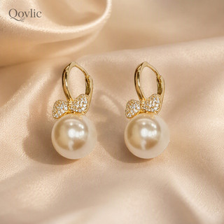 Qovlic Brinco Argola Dourado com Pérola e Laço Cravejado Feminino Elegante Delicado Presente