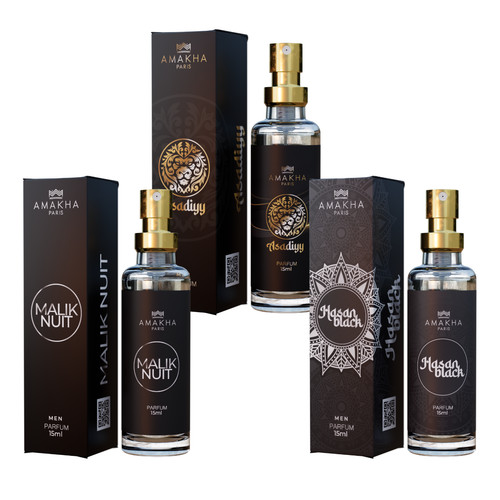 Trio de Perfumes Árabes Masculino Amakha Paris Asadiyy, Malik Nuit e Hasan Black 15ml| Alta Projeção