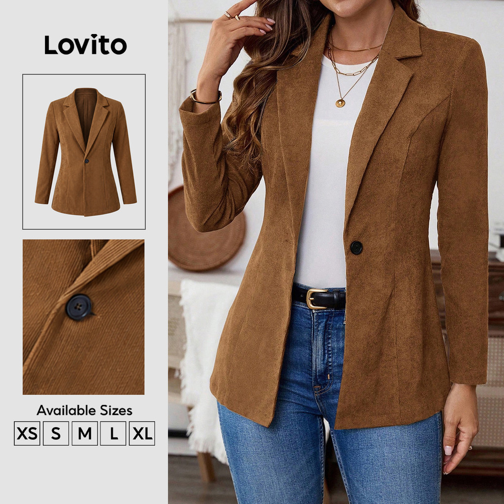 Lovito Elegante Social Blazer Com Botão Traje De Outono/Inverno Marrom Para Mulheres BZK8BR150