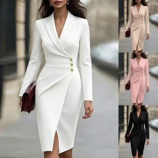 2026 High-End Temperamento Commuter Slim-fit Botão Decoração Cor Sólida Terno Gola Vestido de Manga Comprida Feminino260