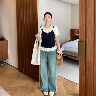 Fat mm estilo coreano contraste cor falsa de duas peças de manga curta camiseta feminina verão estilo Hong Kong renda ci