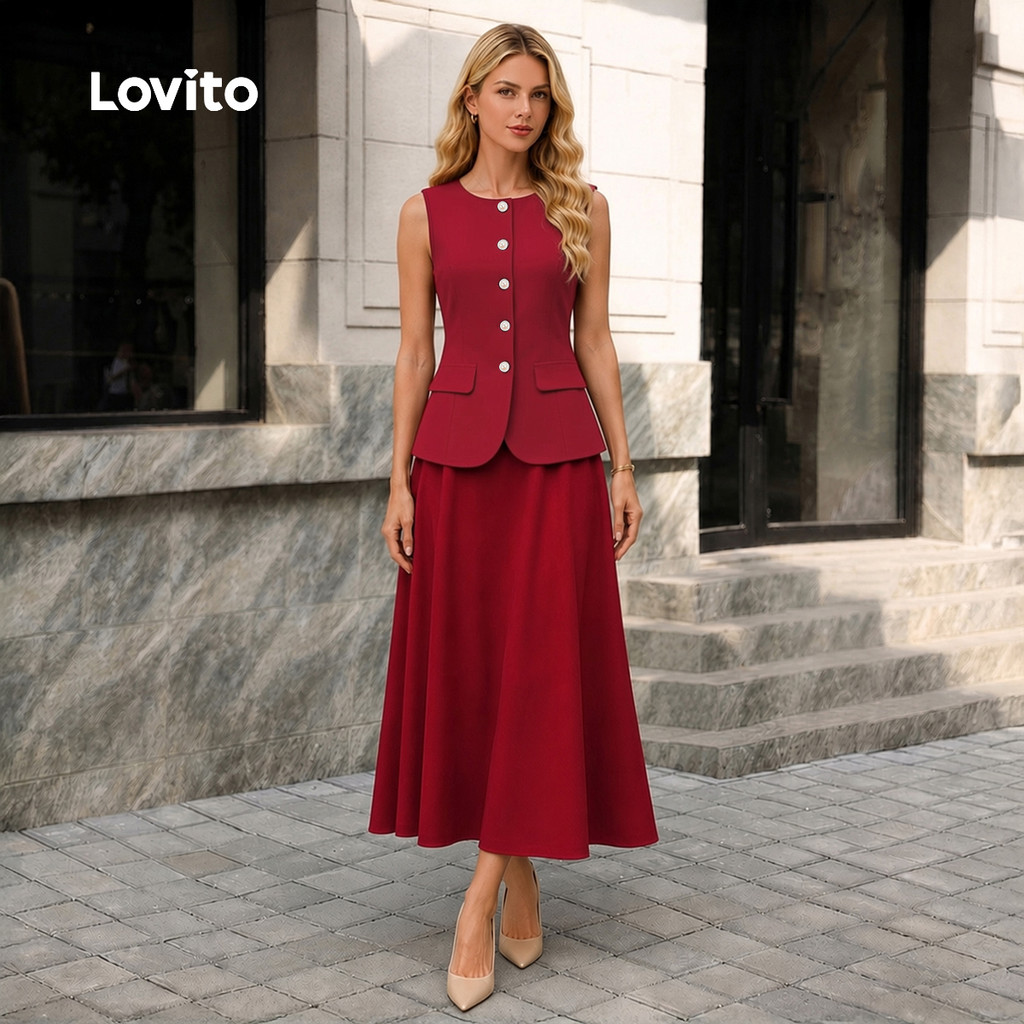 Blusa Feminina Lovito Elegante com Botões Frontais Primavera/Verão Vermelho LK2LD422