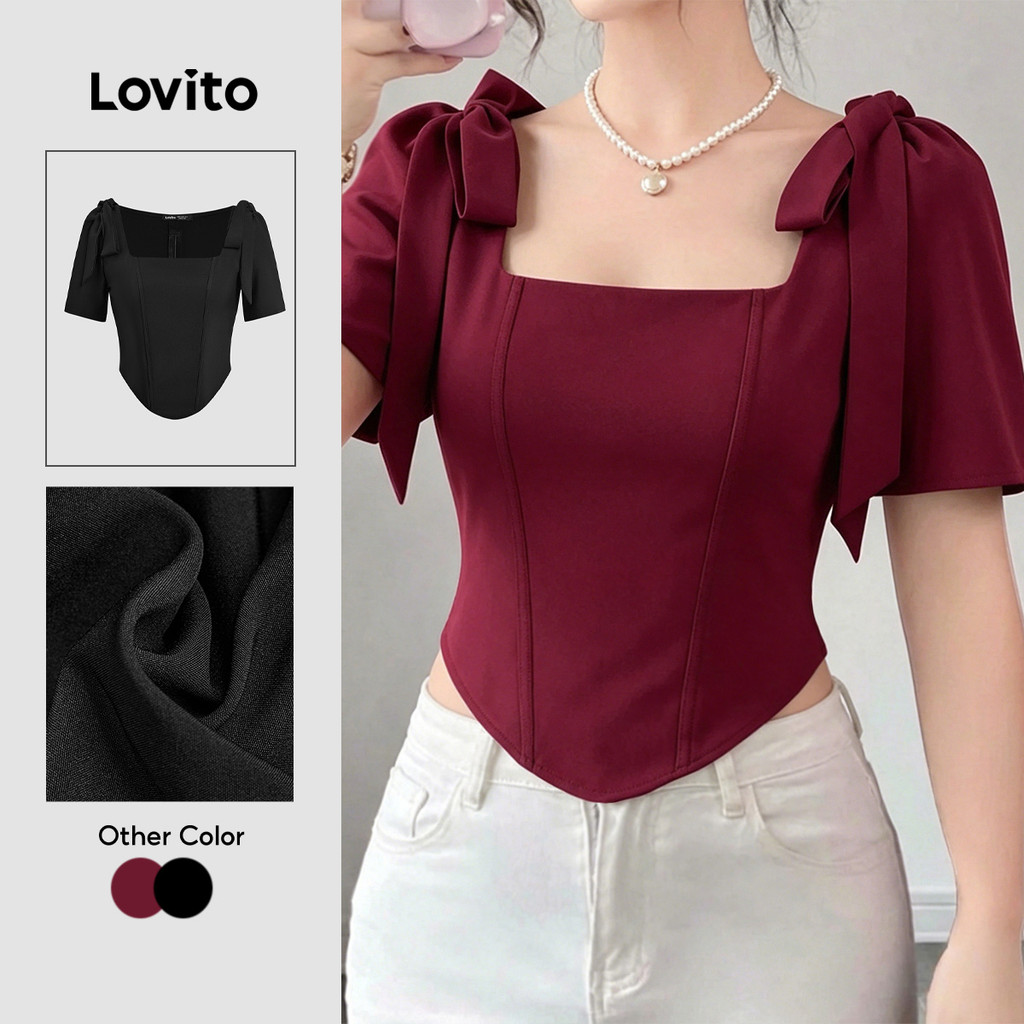 Lovito Elegante Blusa Com Laço Vermelha Para Mulheres Ideal Para a Primavera/verão L149ED309