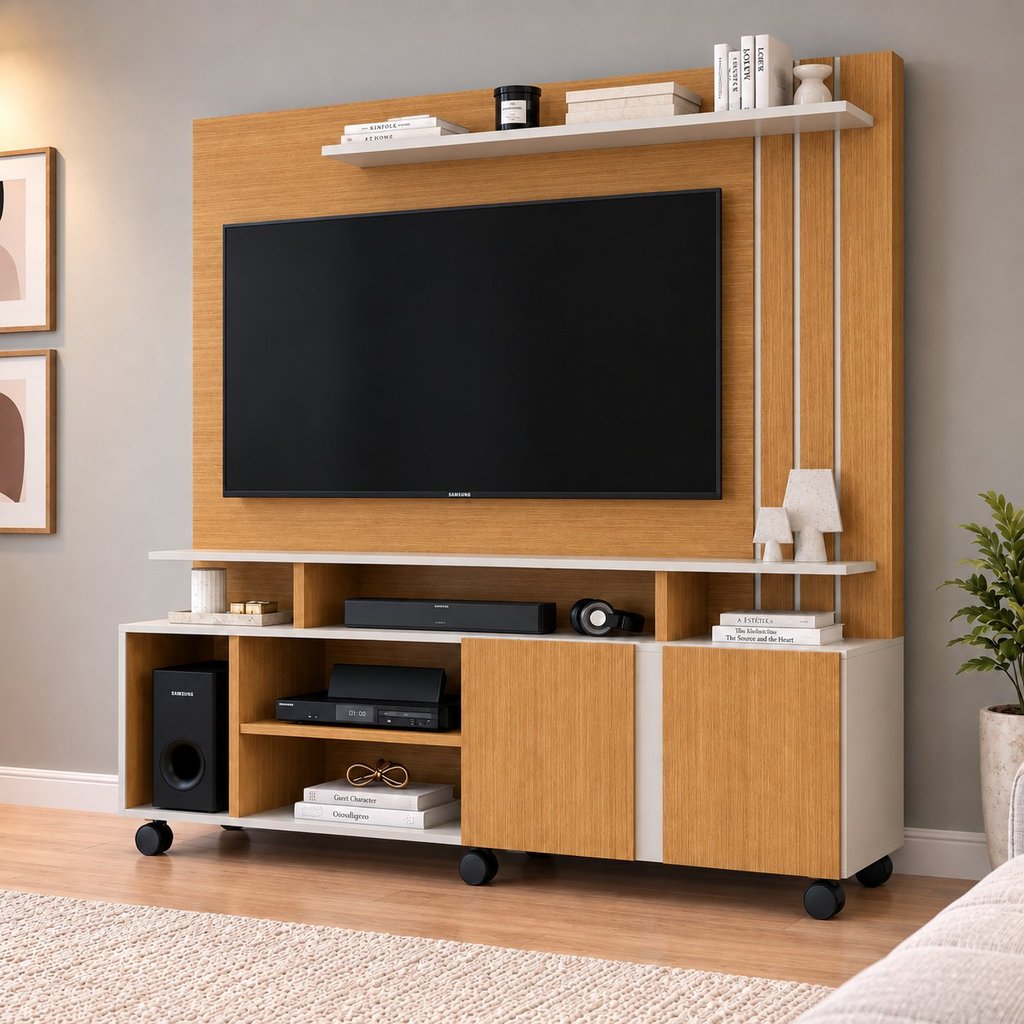 Estante para TV e Home Theater até 55 Polegadas 100% MDF 160CMX182,5cm 2 Portas Valência Dourado Nature/Off White