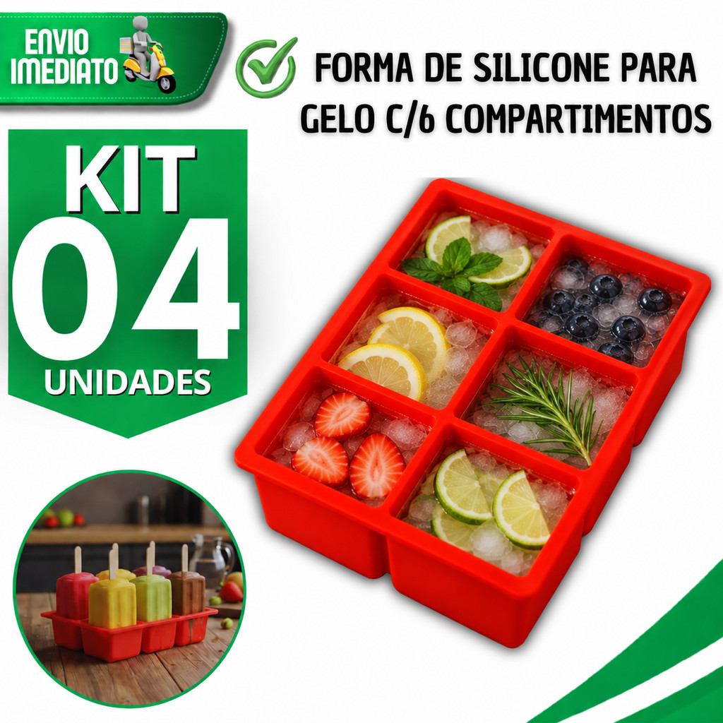 Combo de Formas de Gelo em Silicone com 6 Cubos Grandes e Flexíveis para Whisky, Drinks e Bebidas