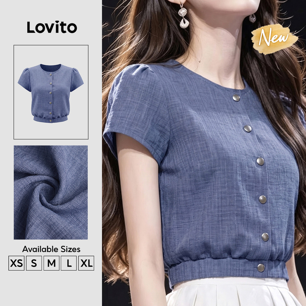 (New Arrival) Lovito Blusa Casual Retrô Anos 90 Com Botões Minimalista Azul-escura Para Mulheres BLK9P1D523