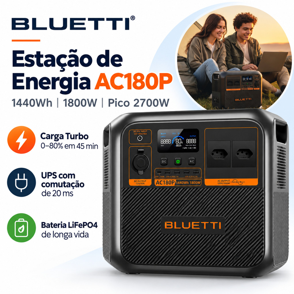 BLUETTI AC180P Estação de Energia Portátil 1440Wh 1800W Pico 2700W Gerador Solar 127V/220V