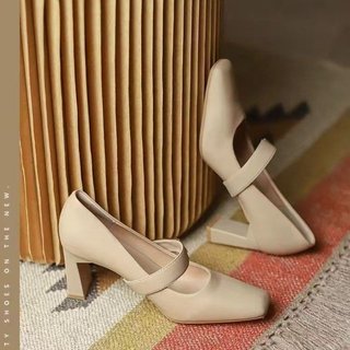 Sapatos de salto alto femininos, bico quadrado, decote baixo, estilo retrô e elegante, salto grosso, tamanhos 34-40.