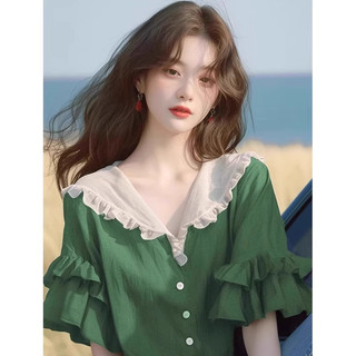 Camisa de manga curta 2026 novo estilo feminino verão verde babados Design solto nicho único bonito camisa pequena topo