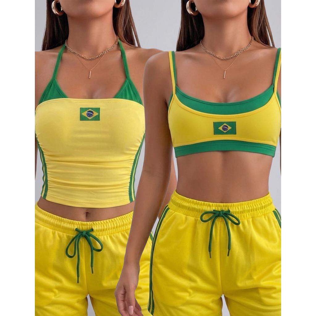 Kit 2 Cropped Brasil Feminino Listrado Alça Dupla Seleção Brasileira Verão Praia