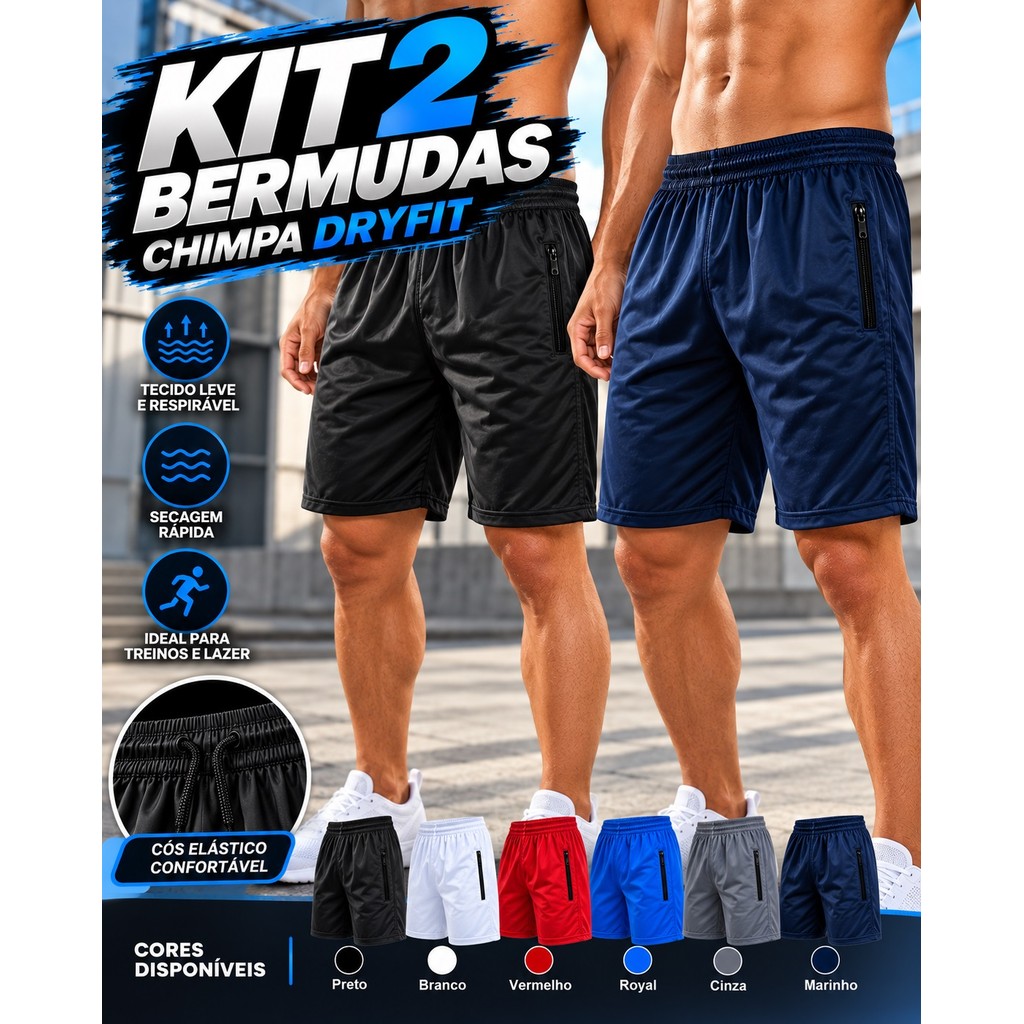 Kit 2 Bermuda DryFit Esportiva Treino Com Ziper no Bolso em Alta 2027