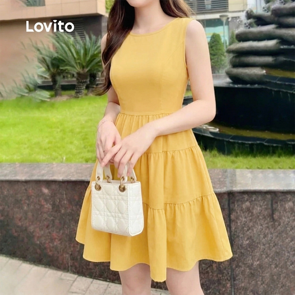 Lovito Babado Vestido Casual Arco Primavera/verão Vestido Amarelo para Mulheres LK3ED616 · foto 2