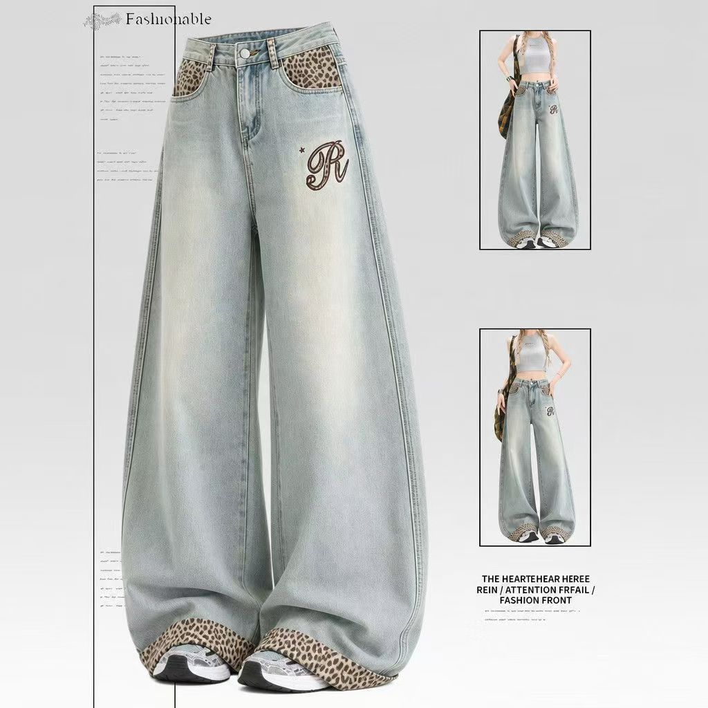 Verão leopardo impressão costura bordado Jeans retos mulheres calças lavadas All-Match estilo ocidental solto