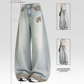 Verão leopardo impressão costura bordado Jeans retos mulheres calças lavadas All-Match estilo ocidental solto