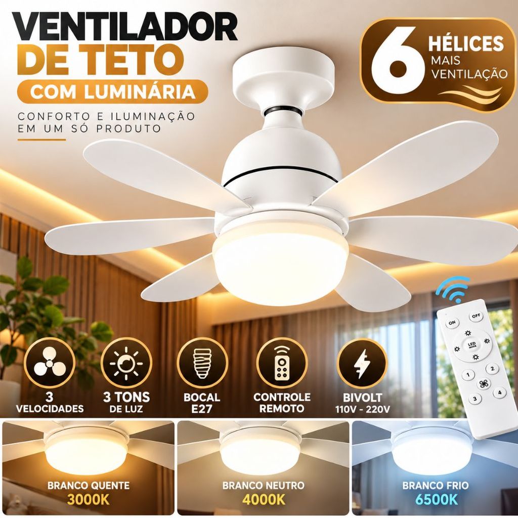 Ventilador De Teto Luz LED 100W Com 6 Hélices 3 Tipos De Luz Bivolt Com Controle Remoto