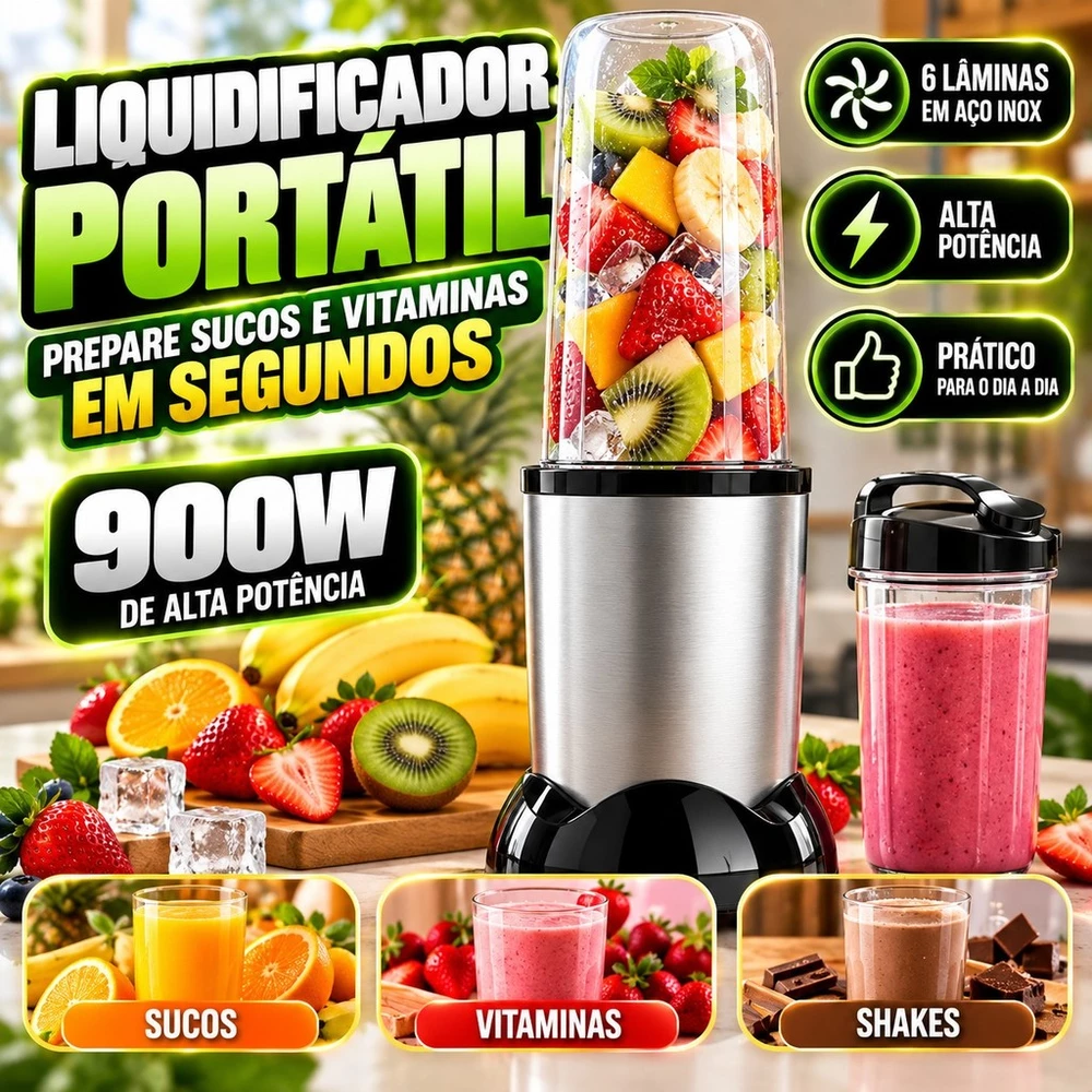 Liquidificador Portátil 900W Extrator de Sucos 950ml + 2 Copos 700ml Tritura Gelo 6 Lâminas Inox 110V/220V