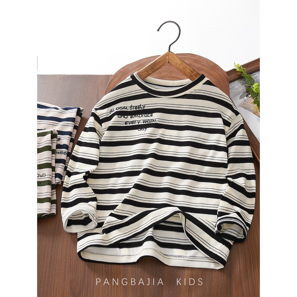 Meninos de manga comprida camiseta primavera outono roupas infantis 2026 novo estilo médio grande crianças listrado Casu
