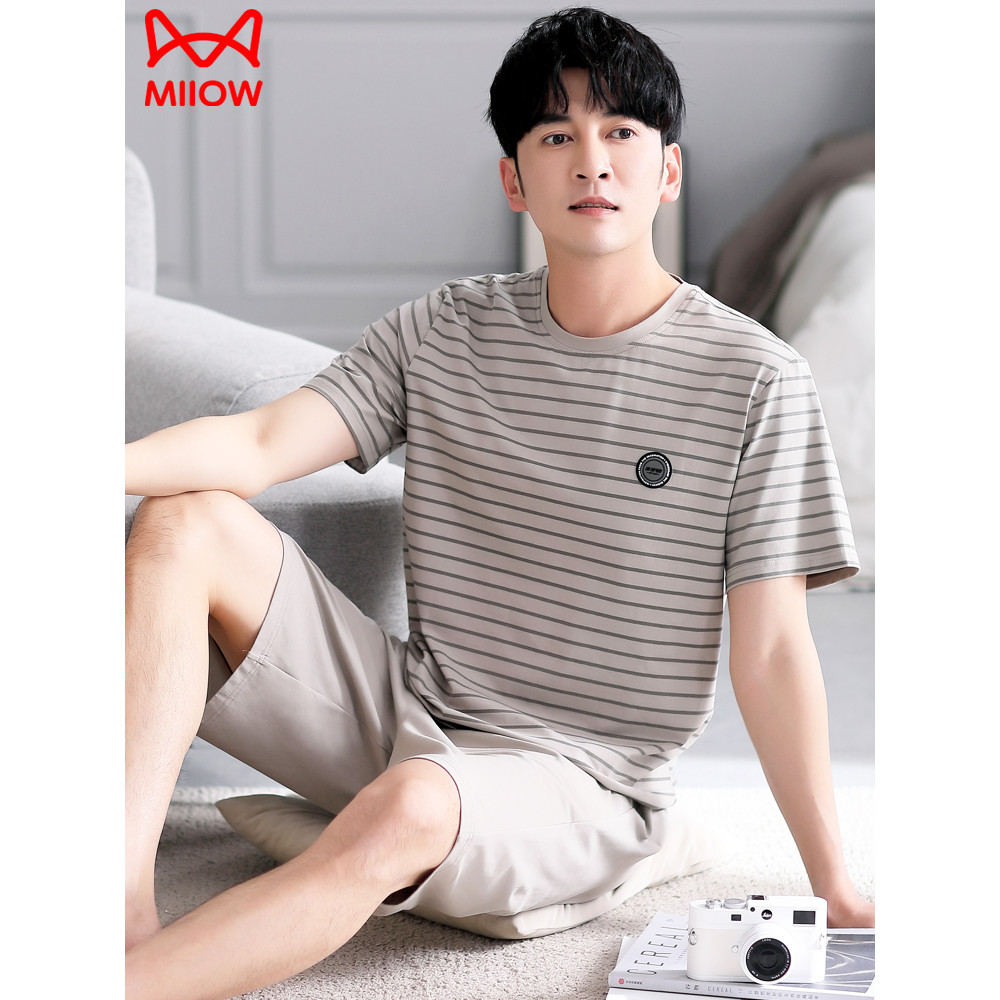 Pijamas masculinos verão Modal fino Shorts de manga curta verão masculino de meia-idade gelo seda verão Homewear terno