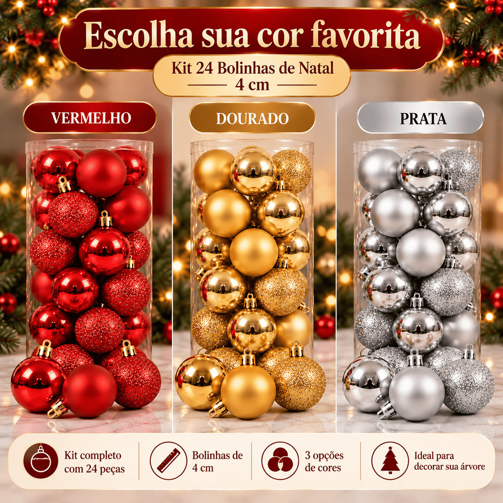 Kit 72 Bolas de Natal Medias 4cm Vermelho Dourado Prata Enfeites Natalinos Bolinhas de Natal