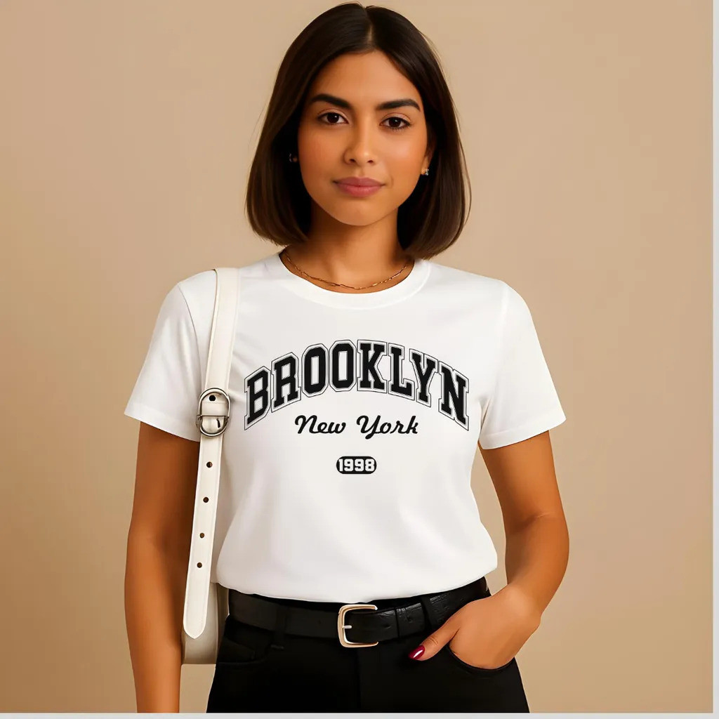 Camiseta T-shirt Blusa Estilosa Feminina Brooklyn Camiseta Blusinha 100% Algodão Estampada Manga Curta Básica Moda Verão