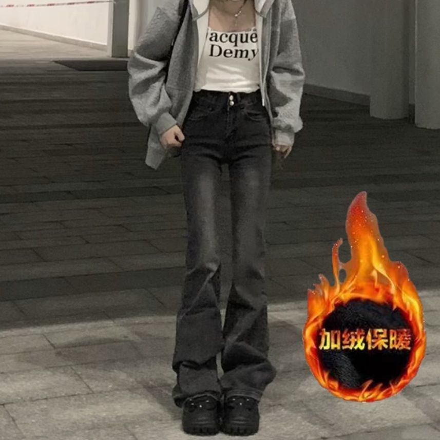 Forro de lã engrossado inverno Retro preto cinza cintura alta ligeiramente queimado Jeans feminino mais magro olhar quei