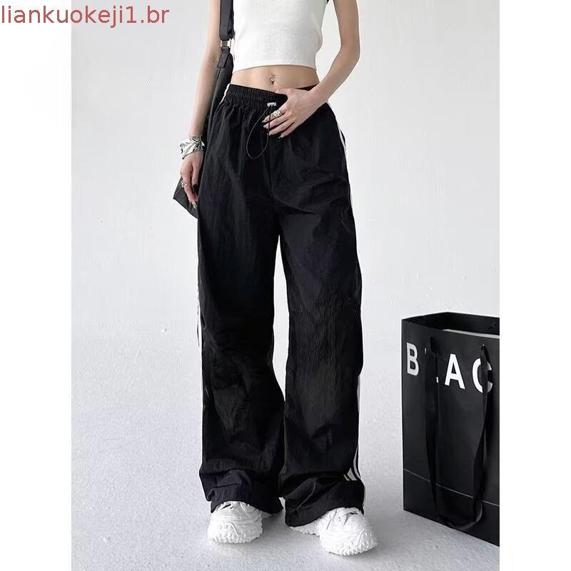 Retro Estética Harajuku Cintura Alta Perna Larga Listrado Fivela Lateral Casual Calças Diárias Americano Direto Solto Em