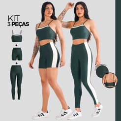 Trijunto Impulso Top + Short + Calça Fitness Feminino Canelado Comfort Cós Alto Modelo Macio