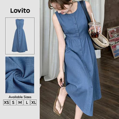 Lovito Vestido Elegante com Botões e Barra em Babados Vestido Azul de Primavera/verão para mulheres DRB202P2D114