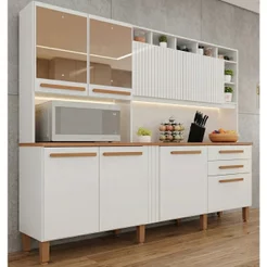 Cozinha Compacta em MDP 8 Portas 2 Gavetas Millena com Vidro Reflecta Yescasa Branco Branco