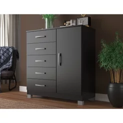 Cômoda Sapateira com Pés 1 Porta 5 Gavetas Preto Preto