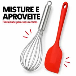 Kit Confeitaria Fouet Batedor Inox e Espátula Pão Duro de Silicone Vermelha