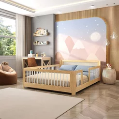 Cama Infantil Casal Montessoriano Wave com Rattan Casatema MadeiraOriginals Bege/Marrom/Branco Natural/Branco