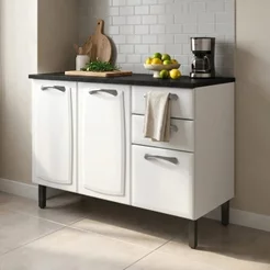 Balcão de Cozinha em Aço 3 Portas e 2 Gavetas com Tampo 120cm New Premium Itatiaia Branco Branco/Nero Marquina