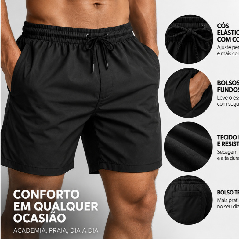 Short Masculino Tactel Elastano Secagem Rápida Praia Academia Confortável Elástico na cintura