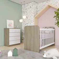 Quarto de Bebê Berço com Cômoda Sonho Encantado Espresso Móveis Branco/Rústico Rústico/Branco