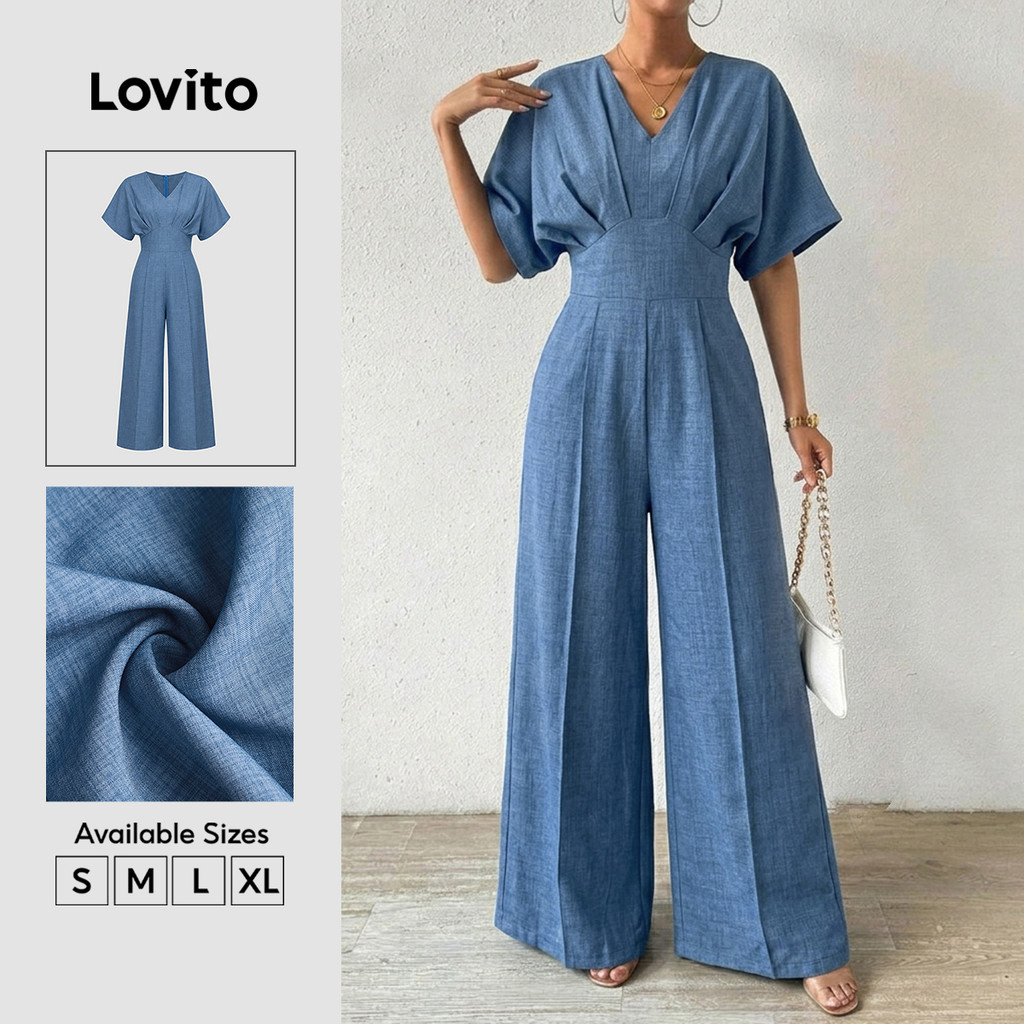 Lovito Macacão Azul Casual De Meio Mangas Pregueado Para Primavera Verão Fim De Semana E Férias Para Mulheres JRK9BR163