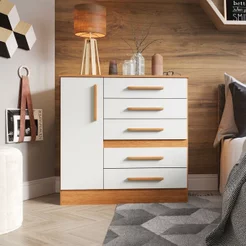 Cômoda para Quarto 1 Porta 5 Gavetas Advantage Marrom/Freijó/Off-White Freijó/Off White