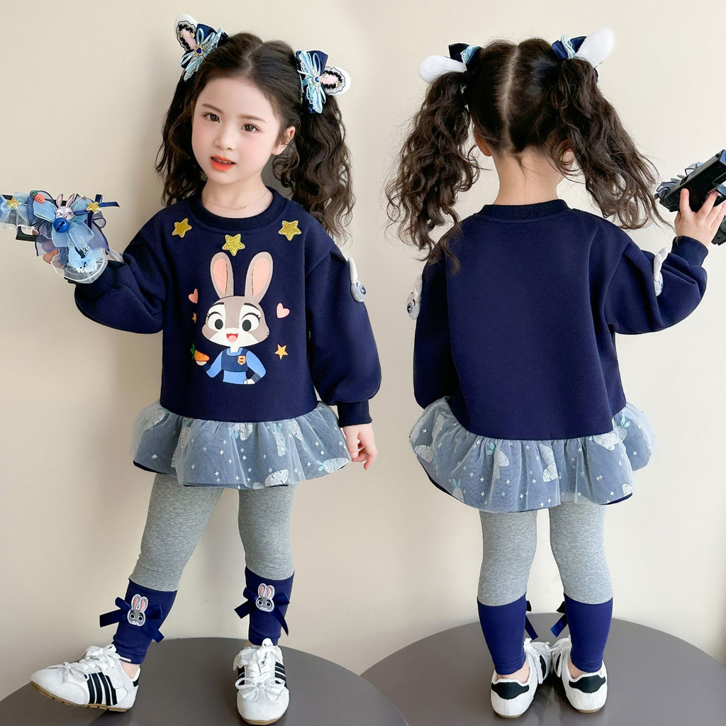 Meninas terno 2026 primavera outono novo estilo crianças dos desenhos animados costura gaze moletom moda Leggings terno 