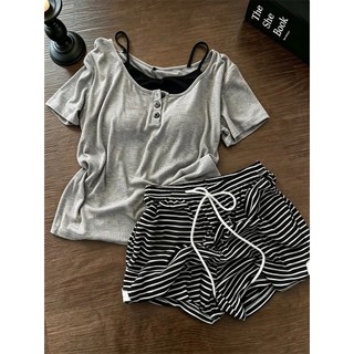 2026 novo estilo doce estilo pijamas de cor sólida com almofadas no peito feminino verão Shorts de manga curta Loungewea