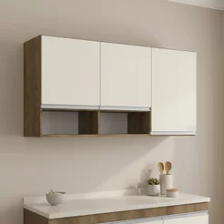 Armário Aéreo para Cozinha 3 Portas 2 Nichos Athena Marrom/Itaúba/Off White Itaúba/Off White