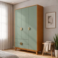 Guarda-Roupa Solteiro 3 Portas 2 Gavetas MDF Ipê Cinamomo Sálvia Cinamomo/Sálvia
