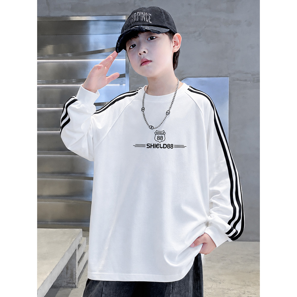 Branco puro algodão meninos de manga comprida camiseta outono 2026 novo estilo crianças grandes crianças soltas camiseta